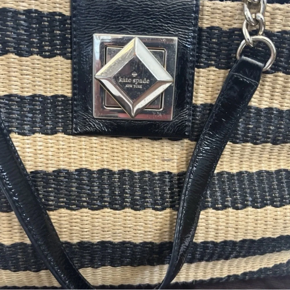 Kate spade Handbag Satchel Straw Leather Shoulder Bag Black Camel Striped